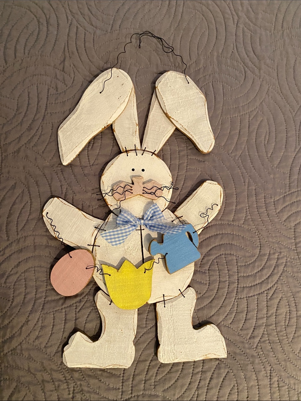Wooden Easter Bunny Door Decor - White with Yellow, Blue & Pink Accents